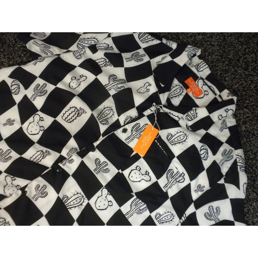 Negative Space Shirt Mens XL Black White AOP Cactus‎ Checkerboard Button Up NWT